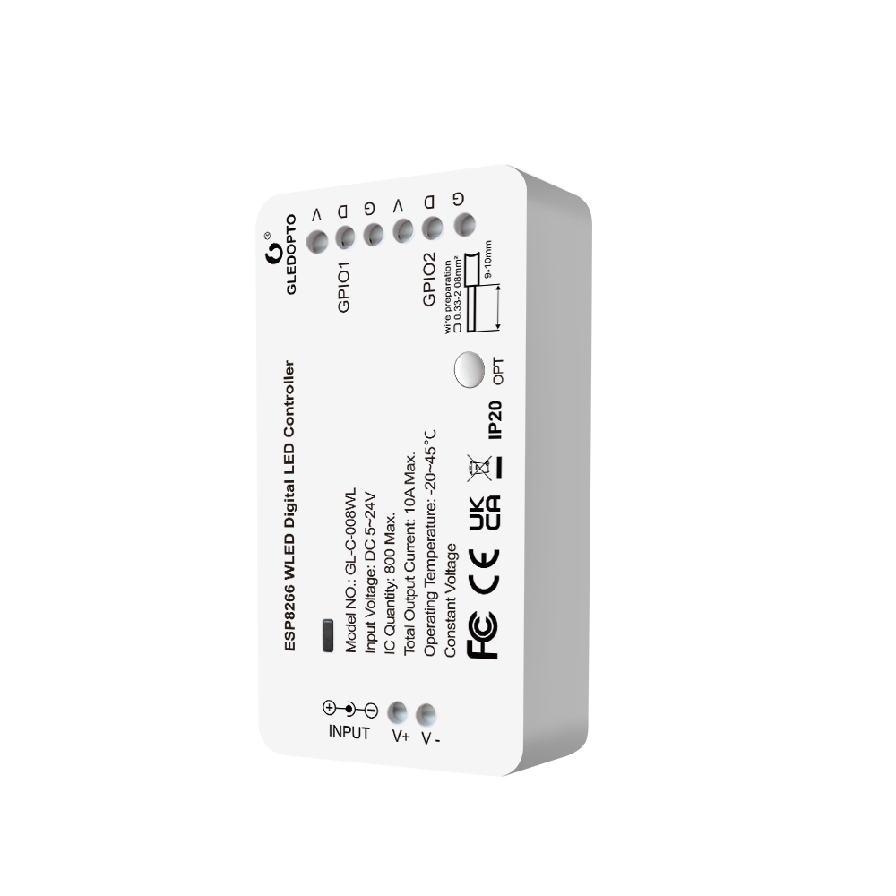 GLEDOPTO GL-C-008WL — official 3/4 product shot of the WLED controller on white background.