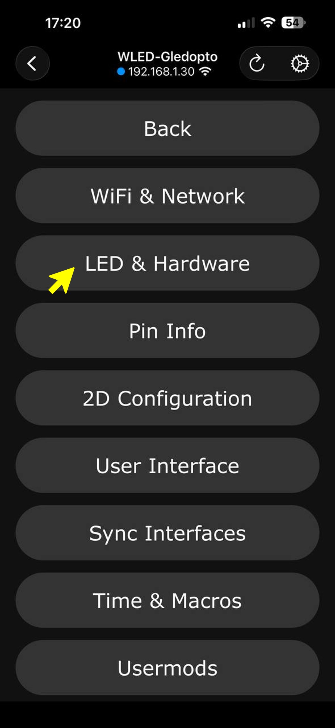 Config menu — LED & Hardware